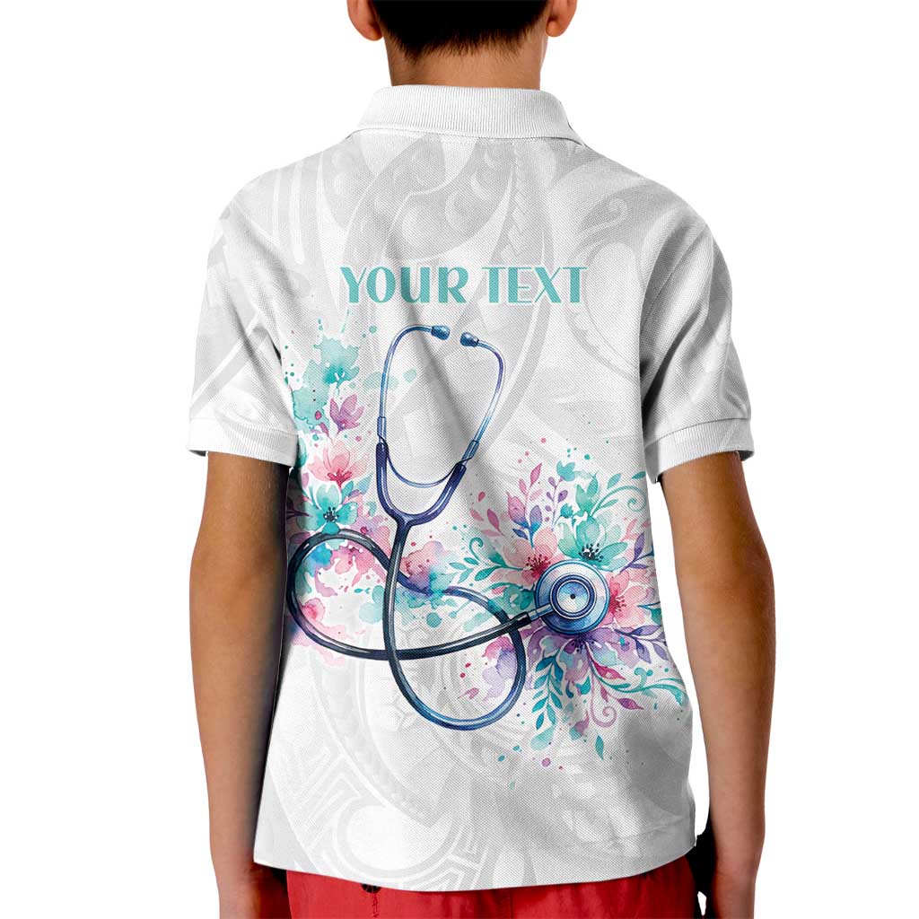 New Zealand Nurses RN Personalised Kid Polo Shirt Stethoscope Floral Maori Motif