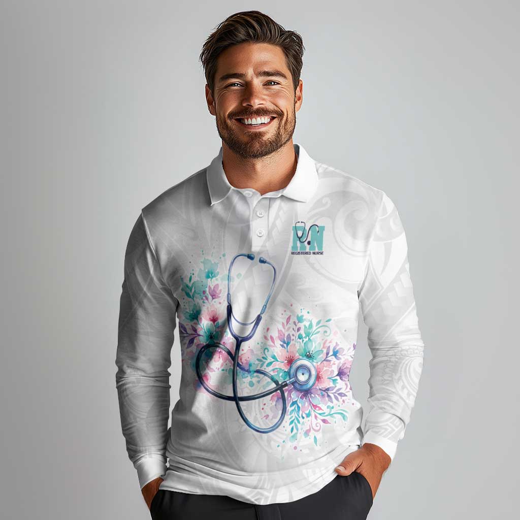 New Zealand Nurses RN Personalised Long Sleeve Polo Shirt Stethoscope Floral Maori Motif