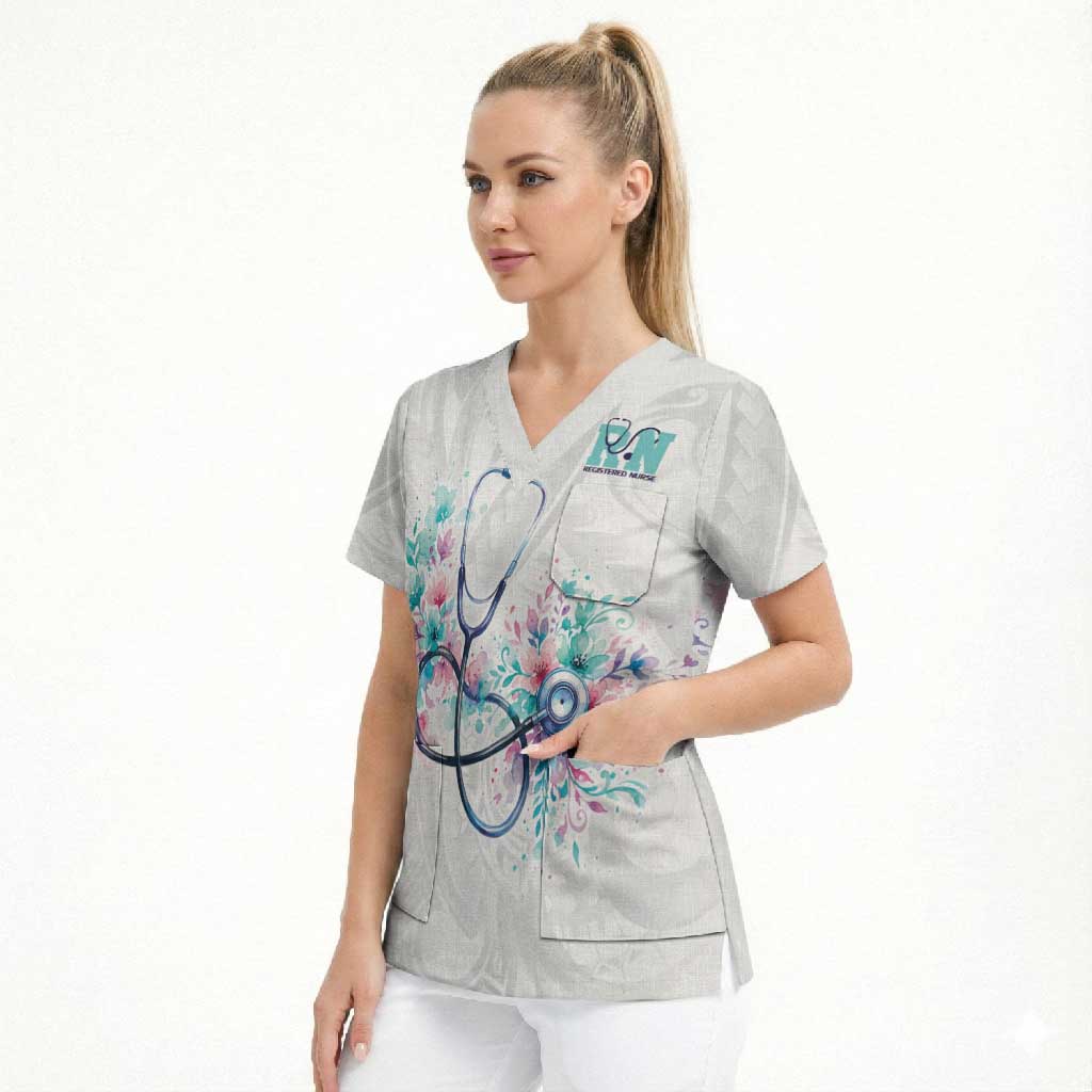 New Zealand Nurses RN Personalised Scrub Top Stethoscope Floral Maori Motif