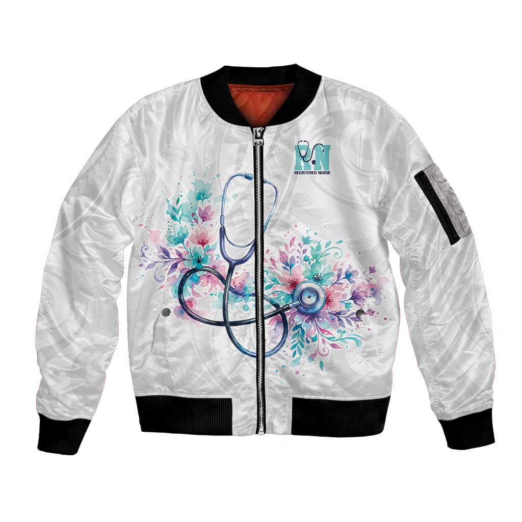 New Zealand Nurses RN Personalised Sleeve Zip Bomber Jacket Stethoscope Floral Maori Motif