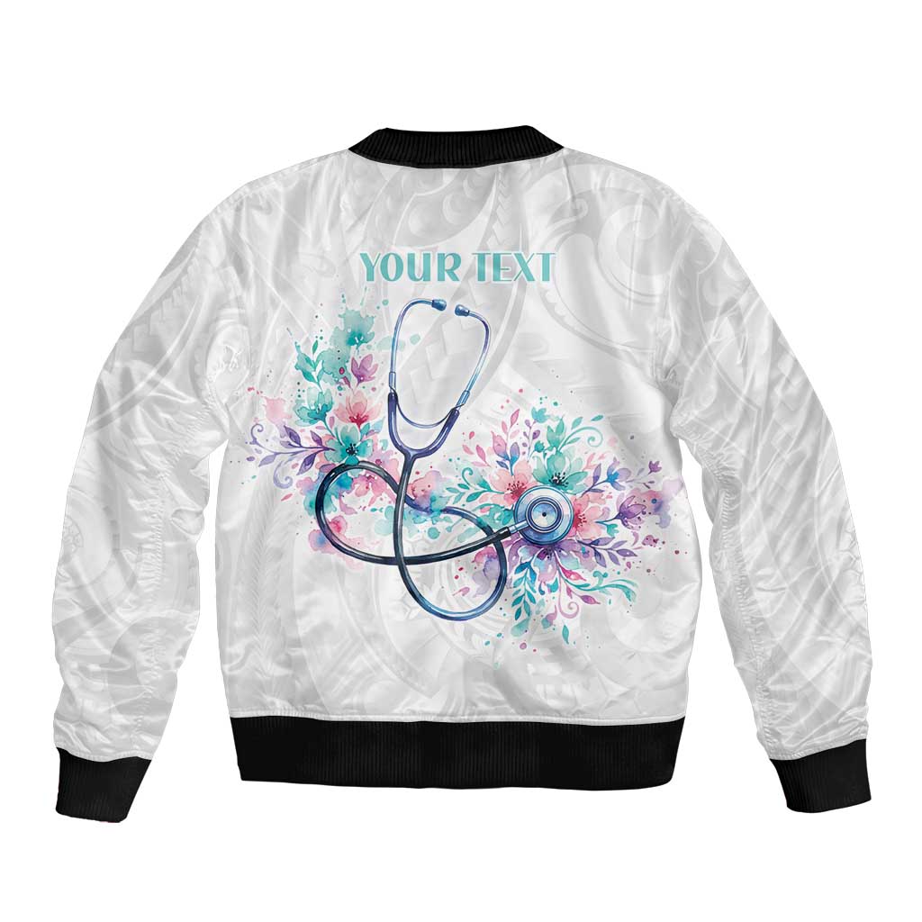 New Zealand Nurses RN Personalised Sleeve Zip Bomber Jacket Stethoscope Floral Maori Motif