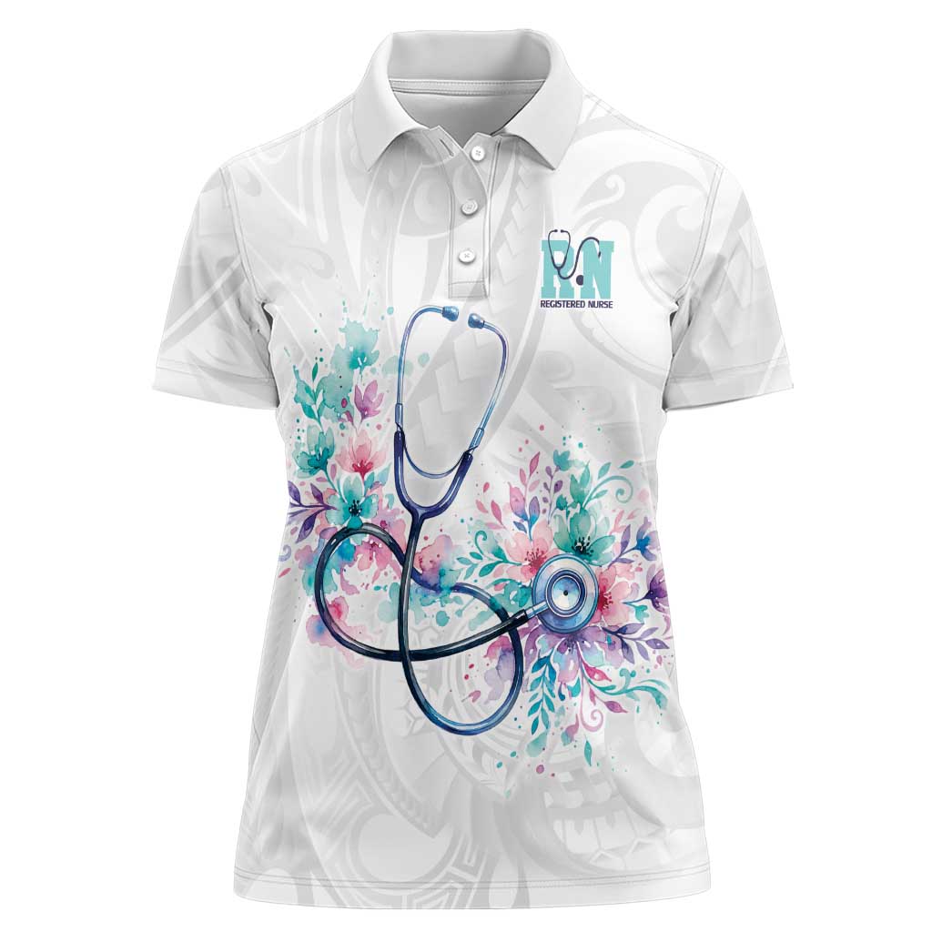 New Zealand Nurses RN Personalised Women Polo Shirt Stethoscope Floral Maori Motif LT9 Female White - Polynesian Pride