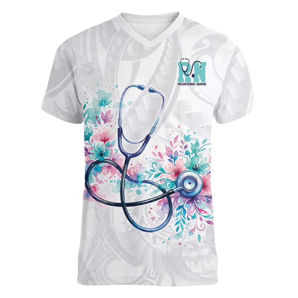 New Zealand Nurses RN Personalised Women V-Neck T-Shirt Stethoscope Floral Maori Motif LT9 Female White - Polynesian Pride