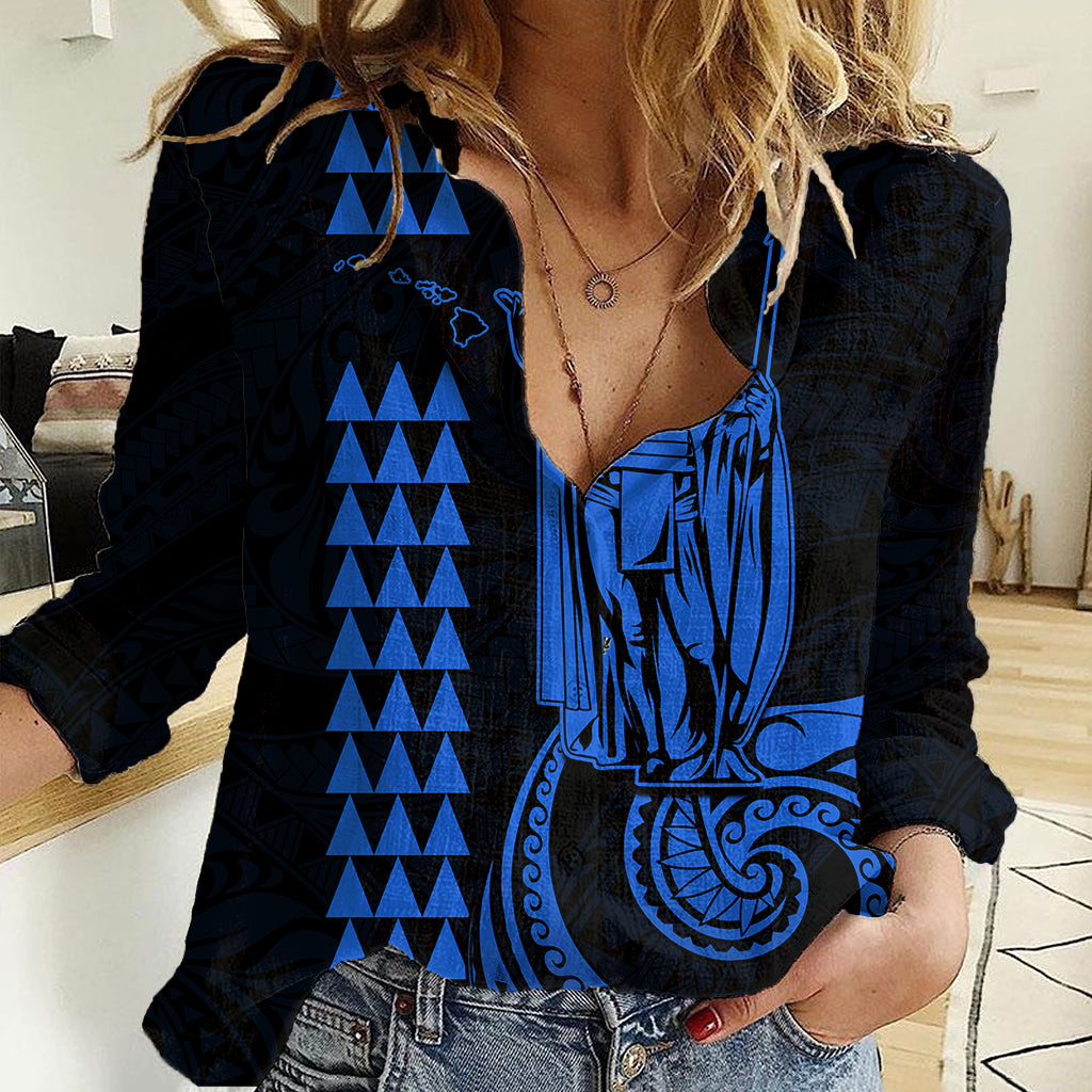 Custom Hawaii Women Casual Shirt King Kamehameha - Blue LT9 Female Blue - Polynesian Pride