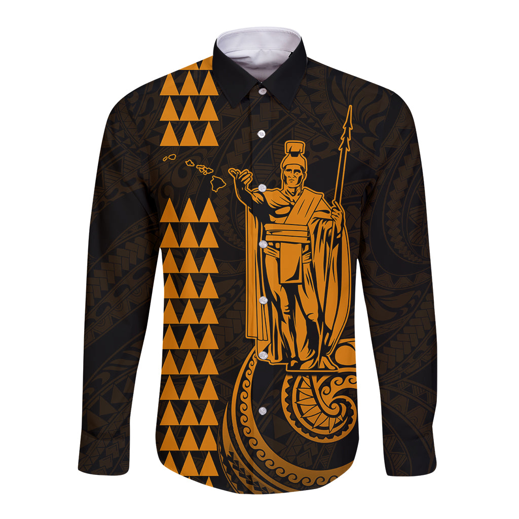 Custom Hawaii Long Sleeve Button Shirt King Kamehameha - Gold LT9 Unisex Gold - Polynesian Pride