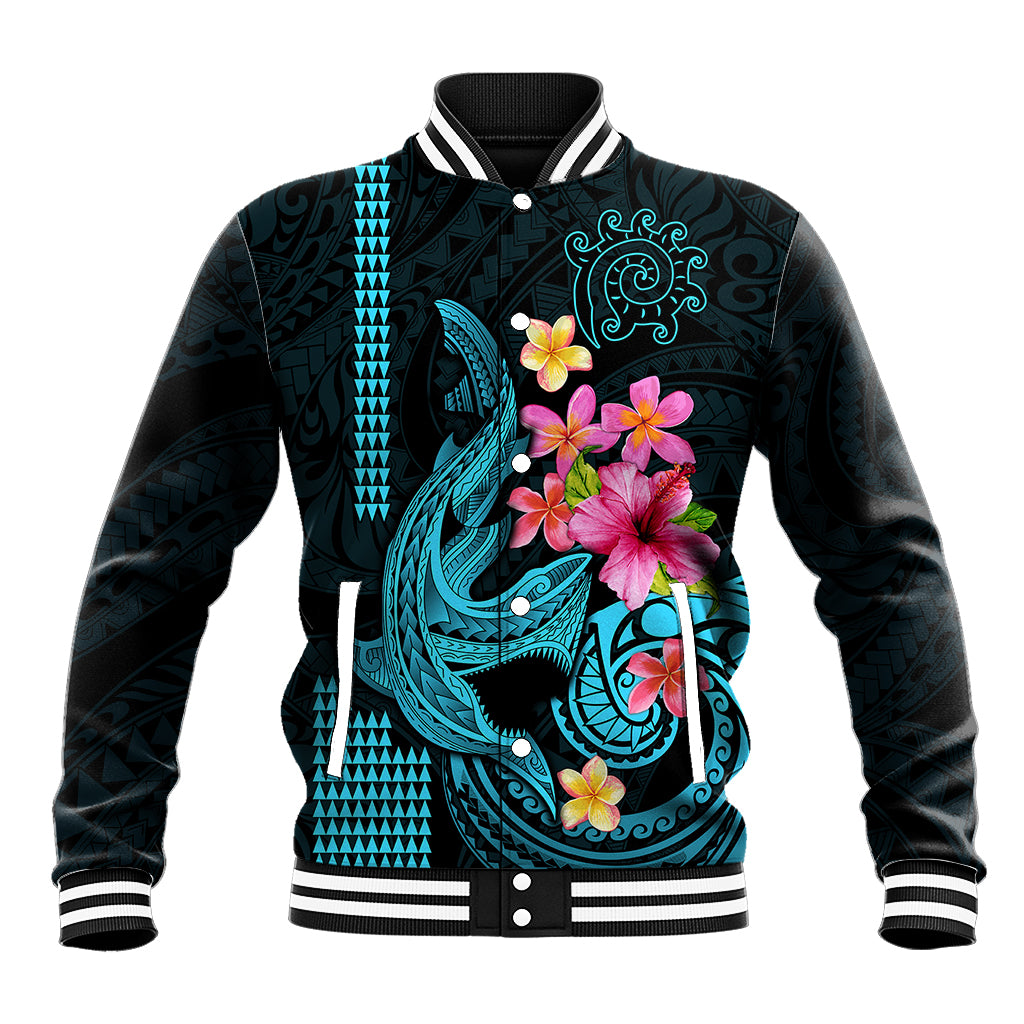 Custom Polynesian Baseball Jacket Hawaiian Warriors with Tribal Shark Tattoos - Blue LT9 Unisex Blue - Polynesian Pride