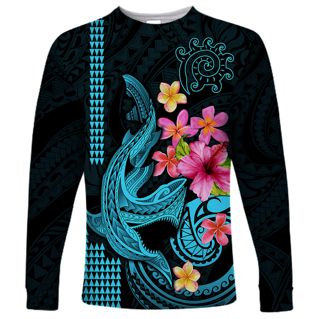 Custom Polynesian Long Sleeve Shirt Hawaiian Warriors with Tribal Shark Tattoos - Blue LT9 Unisex Blue - Polynesian Pride