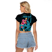 Custom Polynesian Raglan Cropped T Shirt Hawaiian Warriors with Tribal Shark Tattoos - Blue LT9 - Polynesian Pride