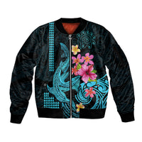 Custom Polynesian Sleeve Zip Bomber Jacket Hawaiian Warriors with Tribal Shark Tattoos - Blue LT9 Unisex Blue - Polynesian Pride