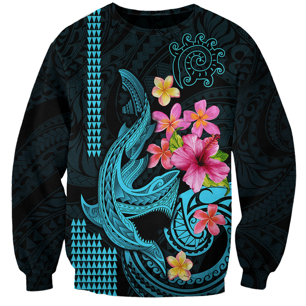 Custom Polynesian Sweatshirt Hawaiian Warriors with Tribal Shark Tattoos - Blue LT9 Unisex Blue - Polynesian Pride
