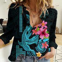 Custom Polynesian Women Casual Shirt Hawaiian Warriors with Tribal Shark Tattoos - Blue LT9 Female Blue - Polynesian Pride