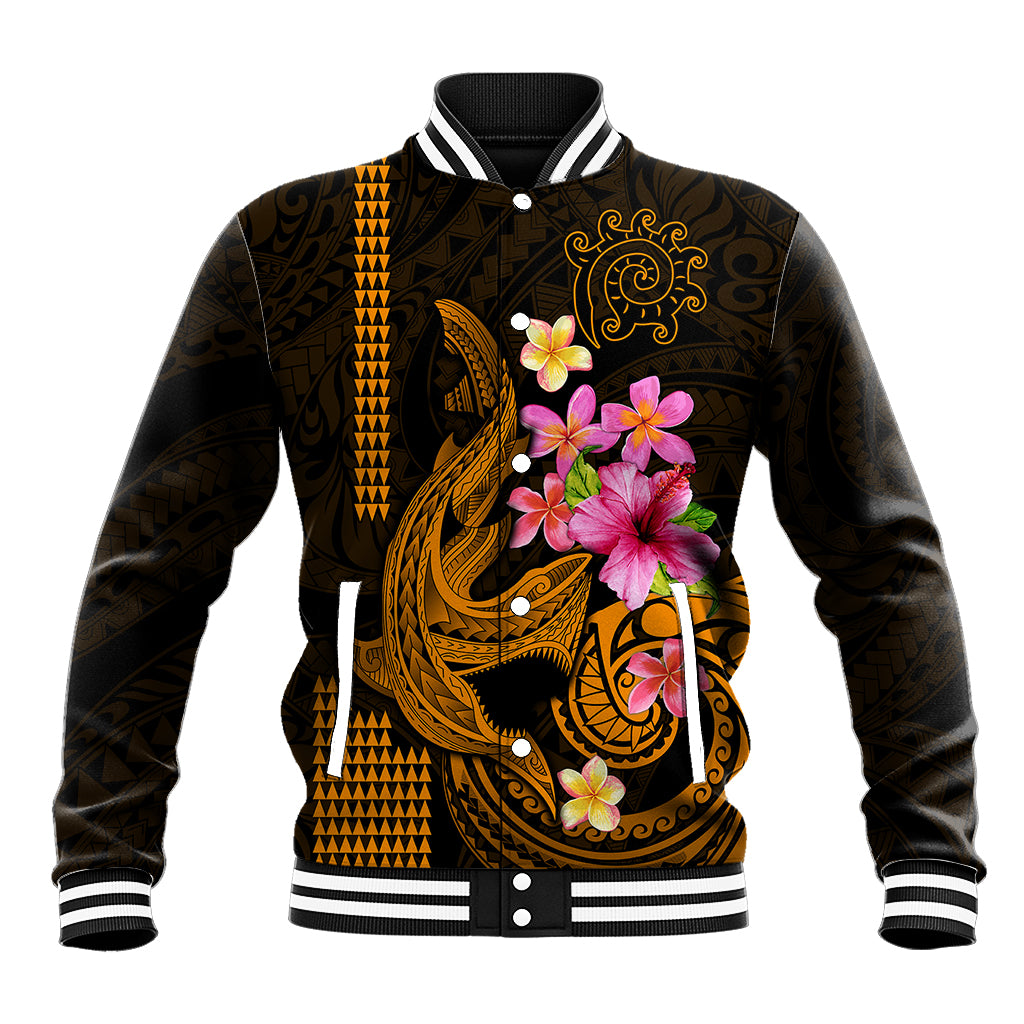 Custom Polynesian Baseball Jacket Hawaiian Warriors with Tribal Shark Tattoos - Gold LT9 Unisex Gold - Polynesian Pride