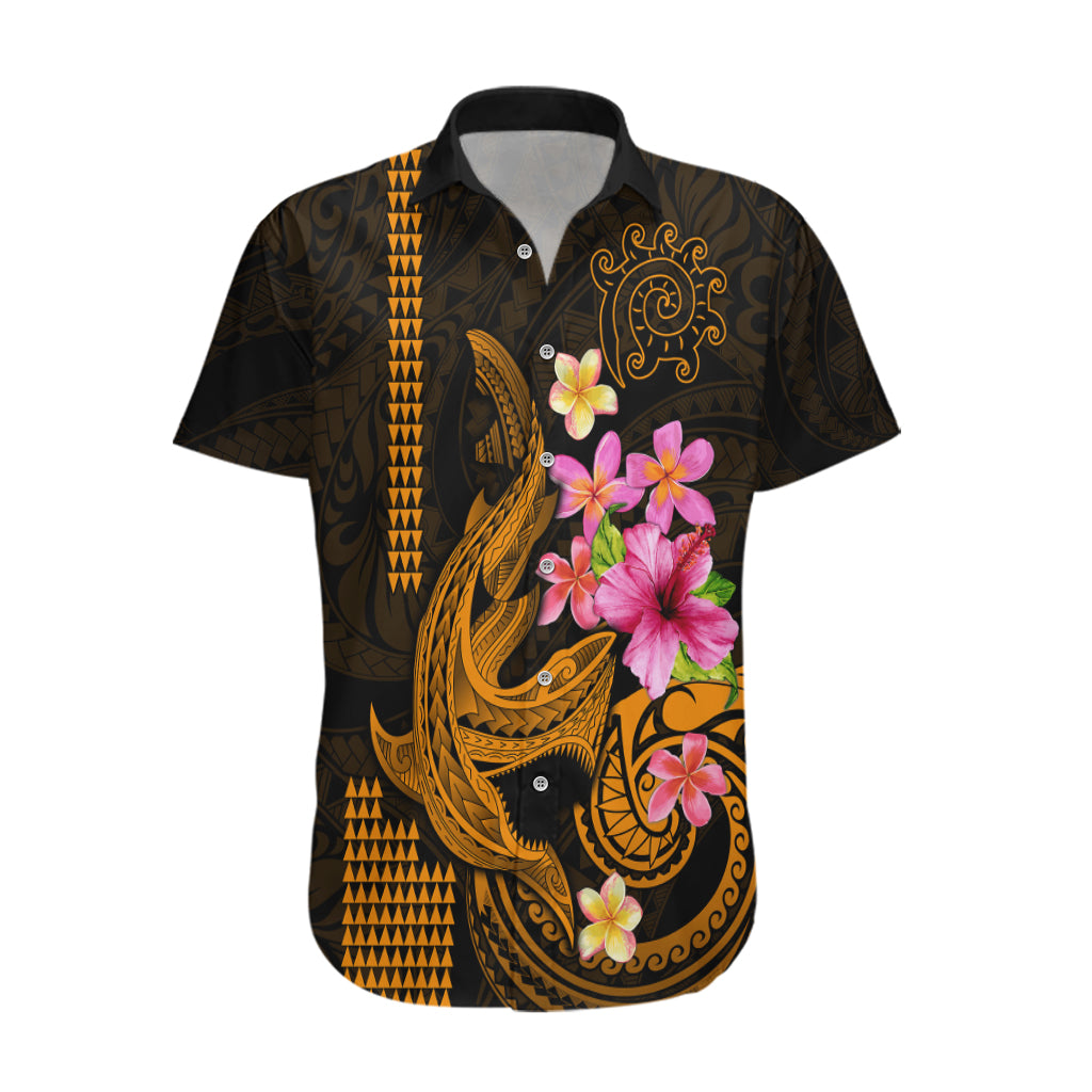 Custom Polynesian Hawaiian Shirt Hawaiian Warriors with Tribal Shark Tattoos - Gold LT9 Gold - Polynesian Pride