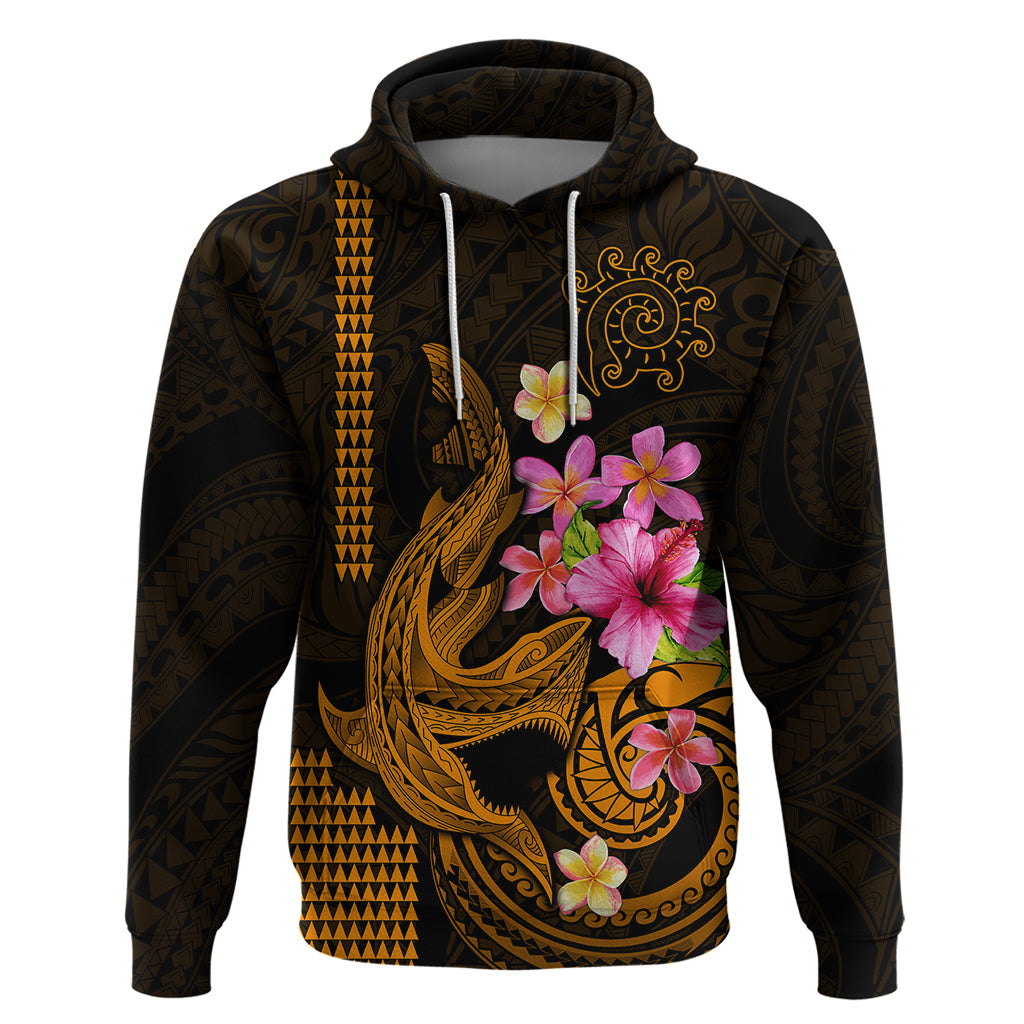 Custom Polynesian Hoodie Hawaiian Warriors with Tribal Shark Tattoos Gold LT9 Pullover Hoodie Gold - Polynesian Pride