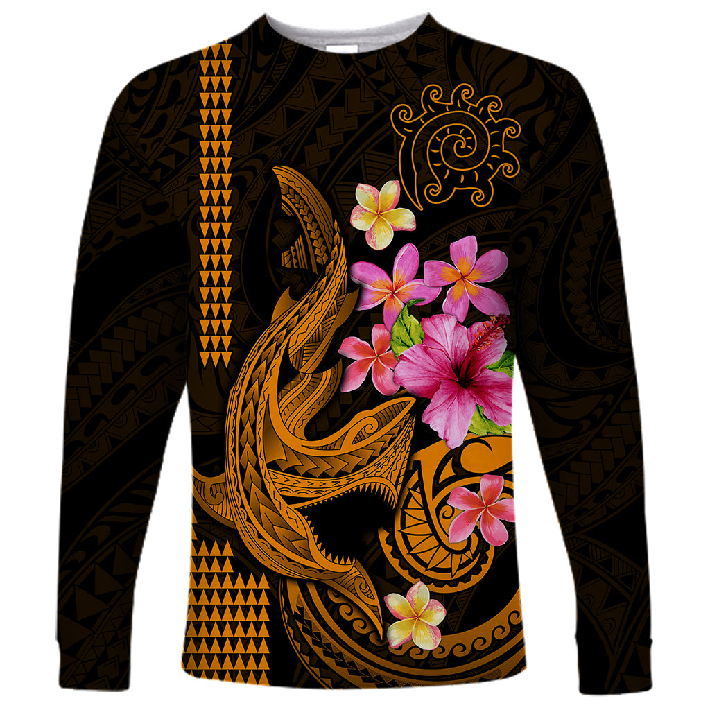 Custom Polynesian Long Sleeve Shirt Hawaiian Warriors with Tribal Shark Tattoos - Gold LT9 Unisex Gold - Polynesian Pride