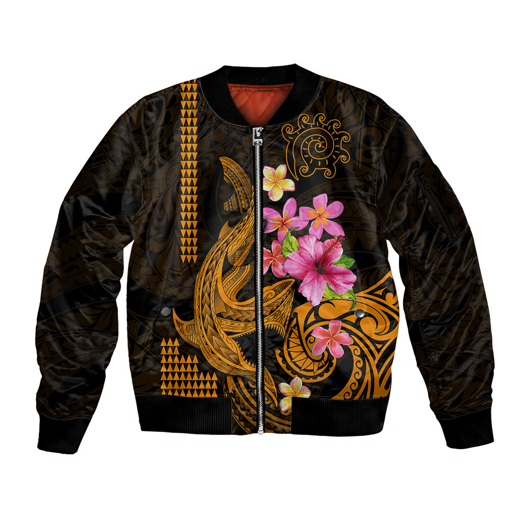 Custom Polynesian Sleeve Zip Bomber Jacket Hawaiian Warriors with Tribal Shark Tattoos - Gold LT9 Unisex Gold - Polynesian Pride