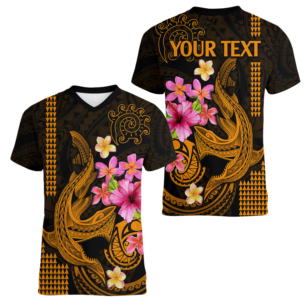 Custom Polynesian Women V Neck T Shirt Hawaiian Warriors with Tribal Shark Tattoos - Gold LT9 - Polynesian Pride