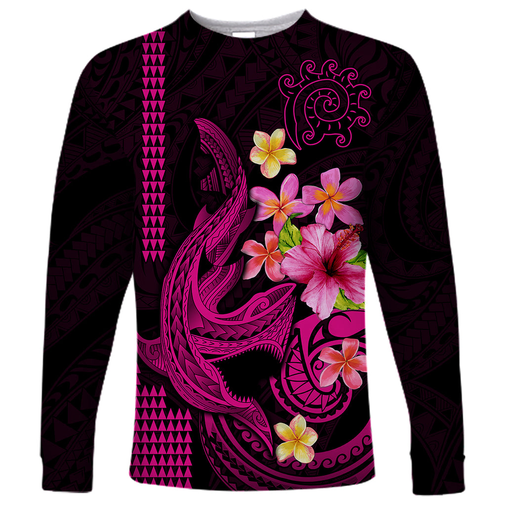 Custom Polynesian Long Sleeve Shirt Hawaiian Warriors with Tribal Shark Tattoos - Pink LT9 Unisex Pink - Polynesian Pride