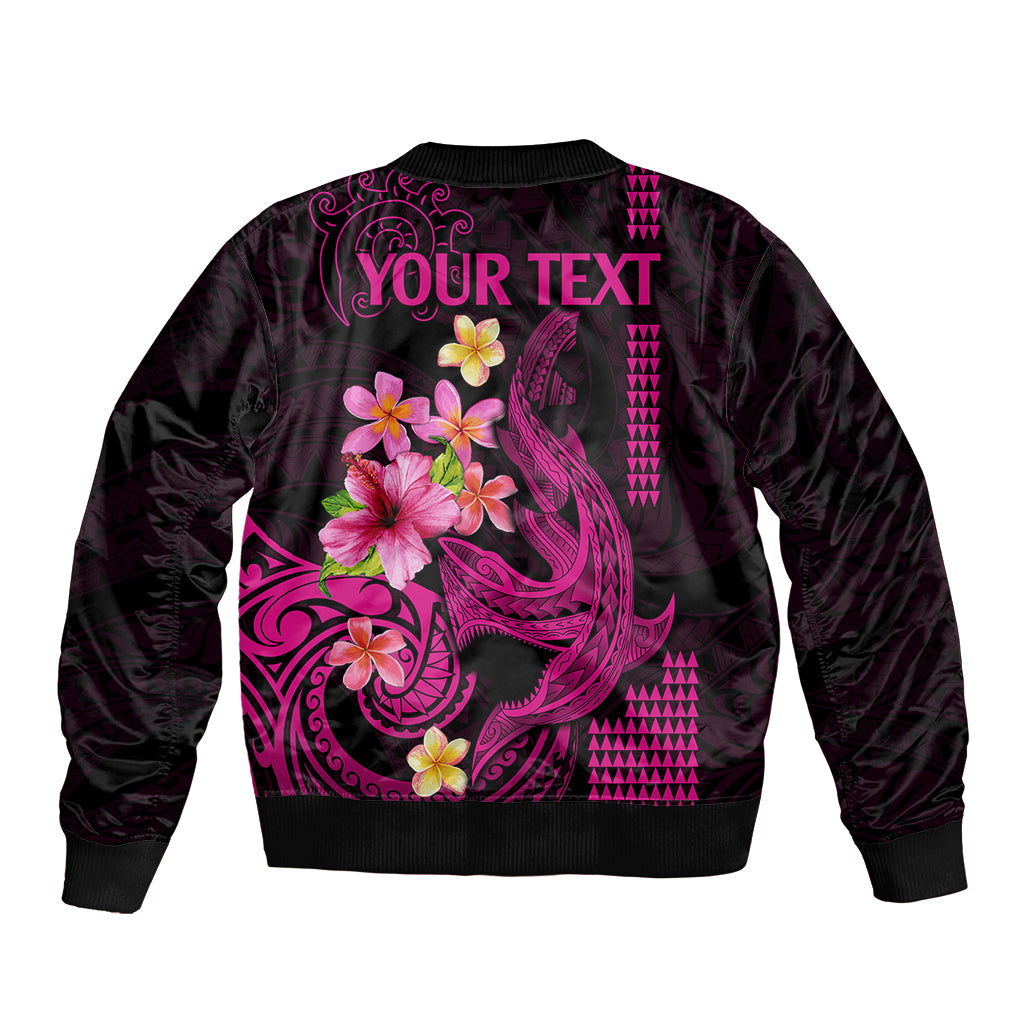 Custom Polynesian Sleeve Zip Bomber Jacket Hawaiian Warriors with Tribal Shark Tattoos - Pink LT9 - Polynesian Pride