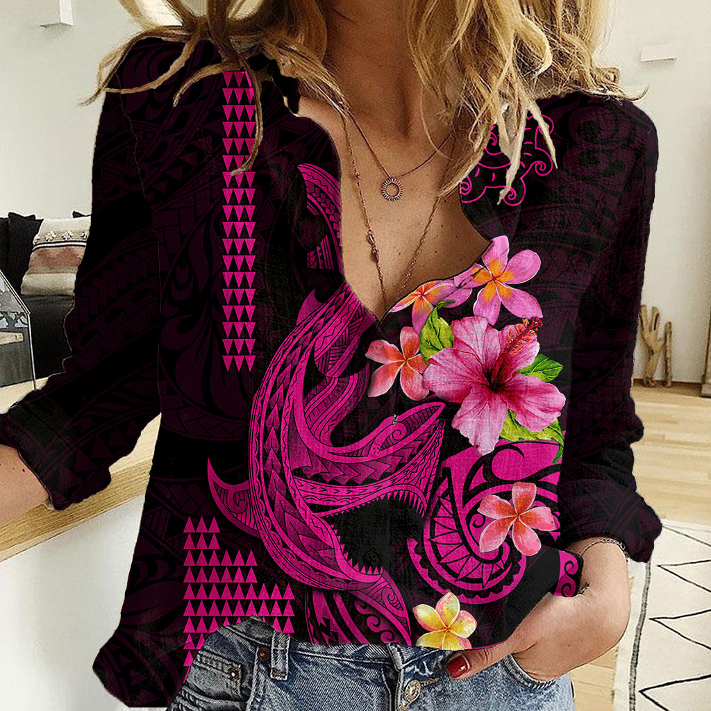 Custom Polynesian Women Casual Shirt Hawaiian Warriors with Tribal Shark Tattoos - Pink LT9 Female Pink - Polynesian Pride