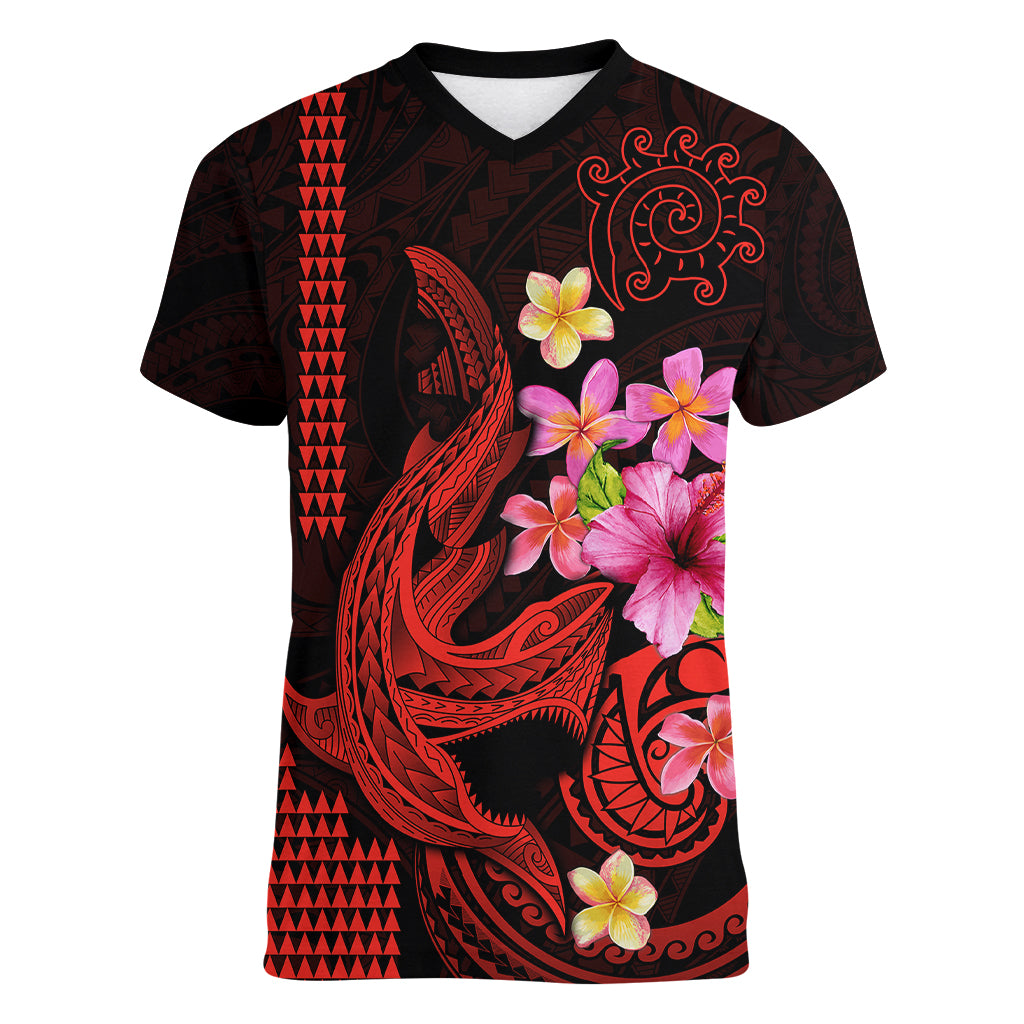 Custom Polynesian Women V Neck T Shirt Hawaiian Warriors with Tribal Shark Tattoos - Red LT9 Female Red - Polynesian Pride
