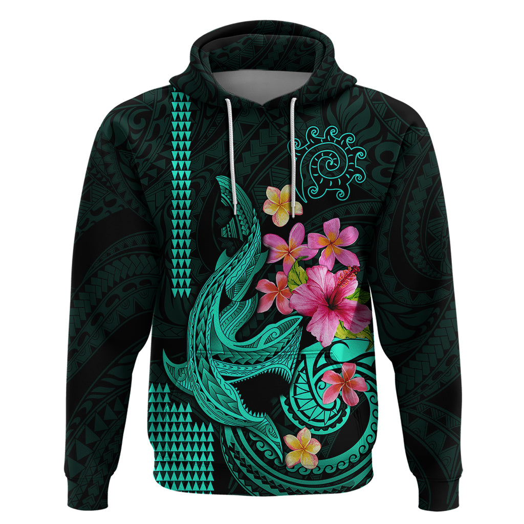 Custom Polynesian Hoodie Hawaiian Warriors with Tribal Shark Tattoos Turquoise LT9 Pullover Hoodie Turquoise - Polynesian Pride