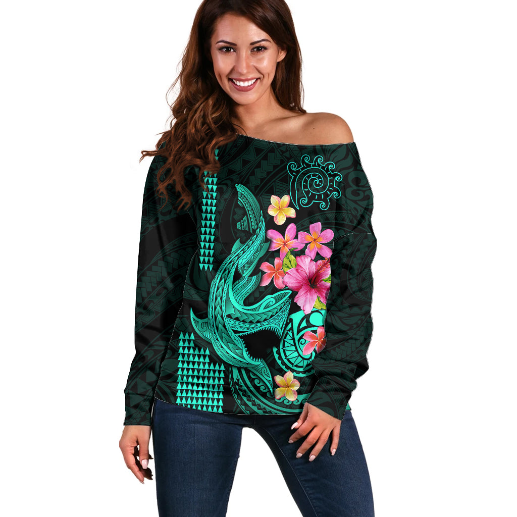Custom Polynesian Off Shoulder Sweater Hawaiian Warriors with Tribal Shark Tattoos - Turquoise LT9 Women Turquoise - Polynesian Pride