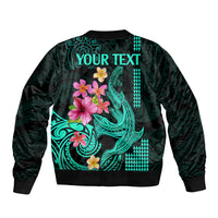 Custom Polynesian Sleeve Zip Bomber Jacket Hawaiian Warriors with Tribal Shark Tattoos - Turquoise LT9 - Polynesian Pride