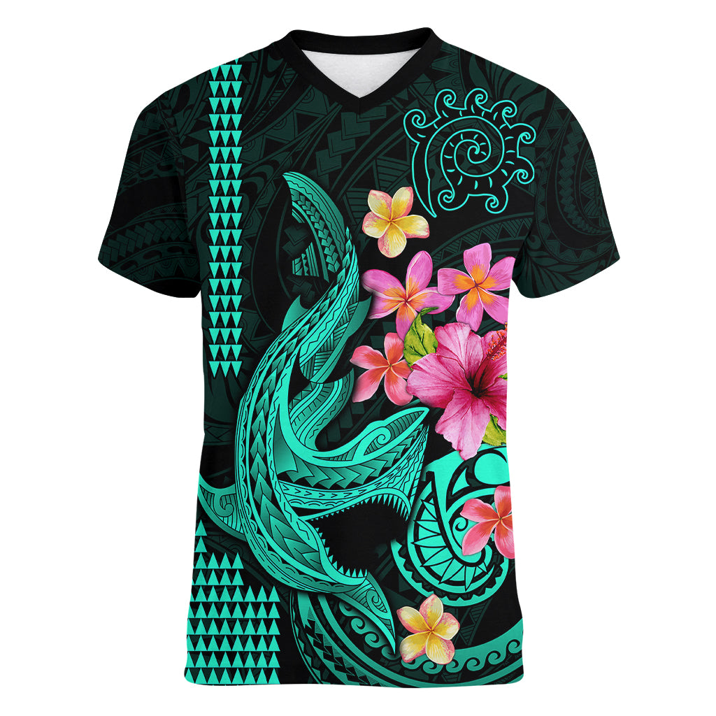Custom Polynesian Women V Neck T Shirt Hawaiian Warriors with Tribal Shark Tattoos - Turquoise LT9 Female Turquoise - Polynesian Pride