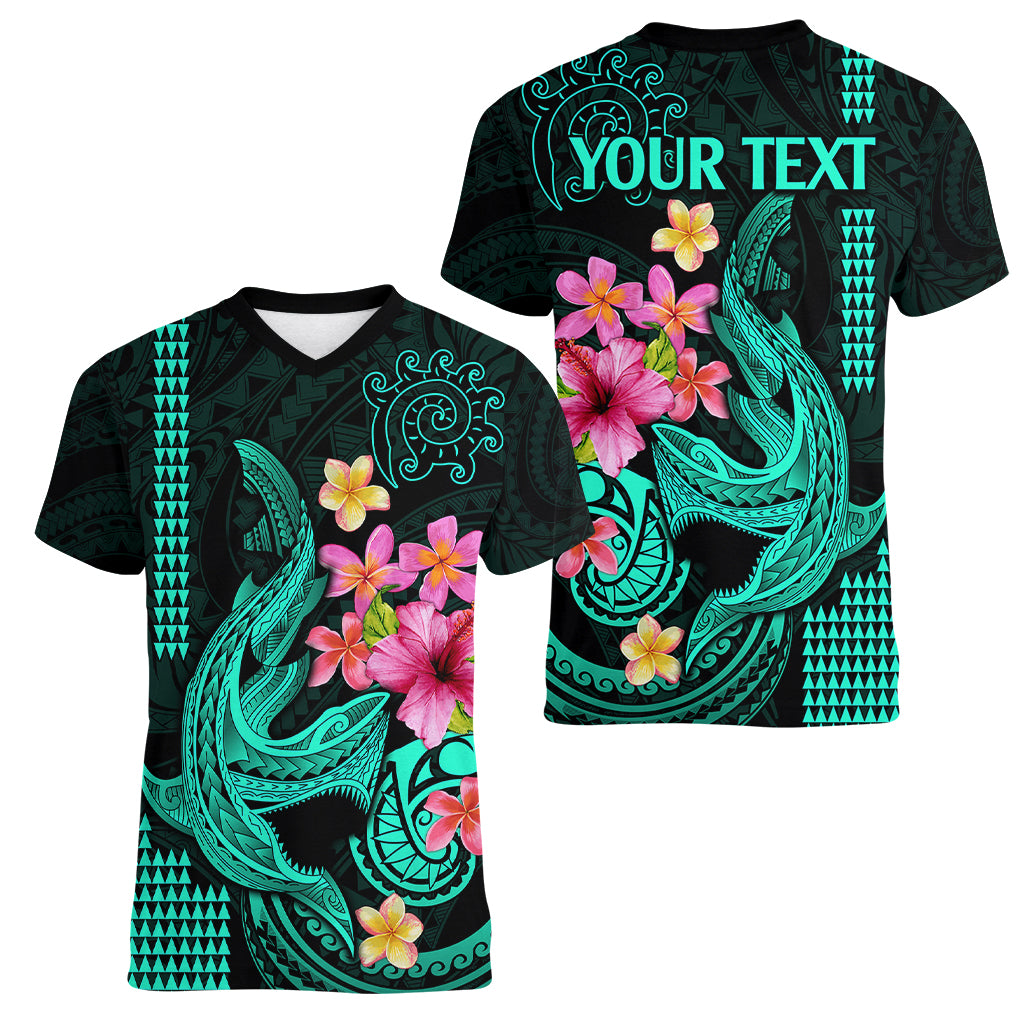 Custom Polynesian Women V Neck T Shirt Hawaiian Warriors with Tribal Shark Tattoos - Turquoise LT9 - Polynesian Pride