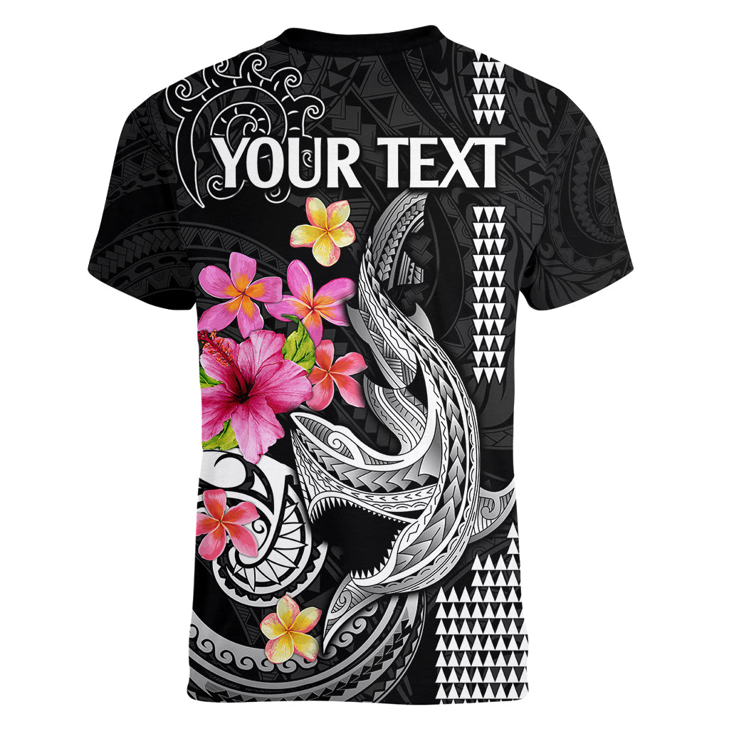 Custom Polynesian Women V Neck T Shirt Hawaiian Warriors with Tribal Shark Tattoos - White LT9 - Polynesian Pride