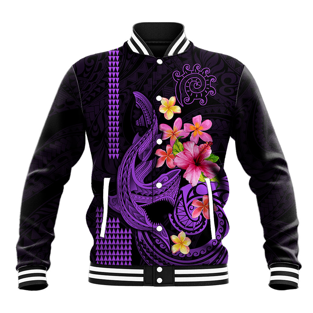 Custom Polynesian Baseball Jacket Hawaiian Warriors with Tribal Shark Tattoos - Purple LT9 Unisex Purple - Polynesian Pride