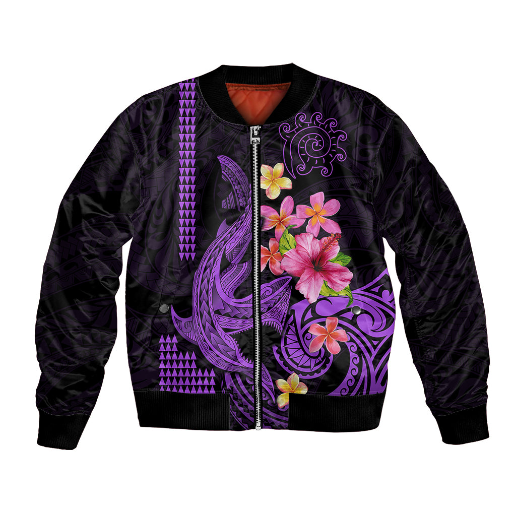 Custom Polynesian Bomber Jacket Hawaiian Warriors with Tribal Shark Tattoos - Purple LT9 Unisex Purple - Polynesian Pride