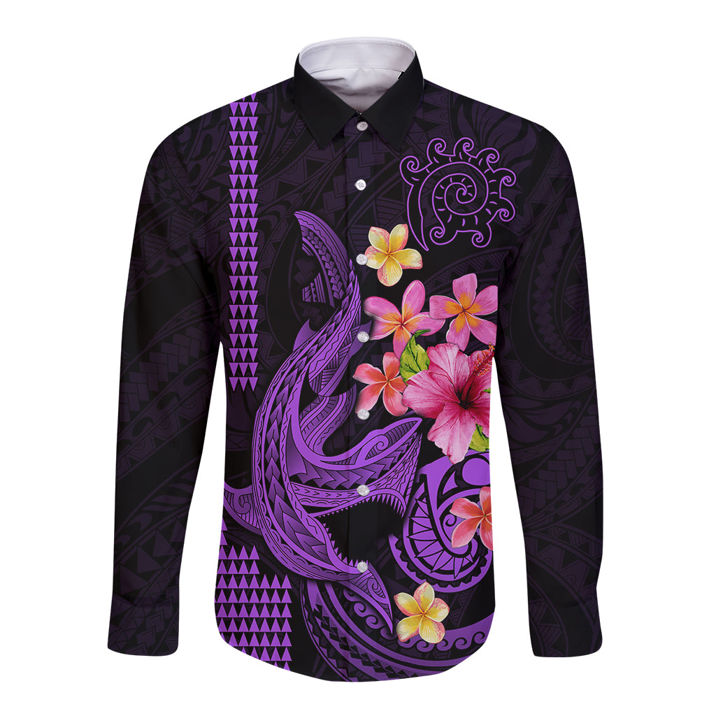 Custom Polynesian Long Sleeve Button Shirt Hawaiian Warriors with Tribal Shark Tattoos - Purple LT9 Unisex Purple - Polynesian Pride
