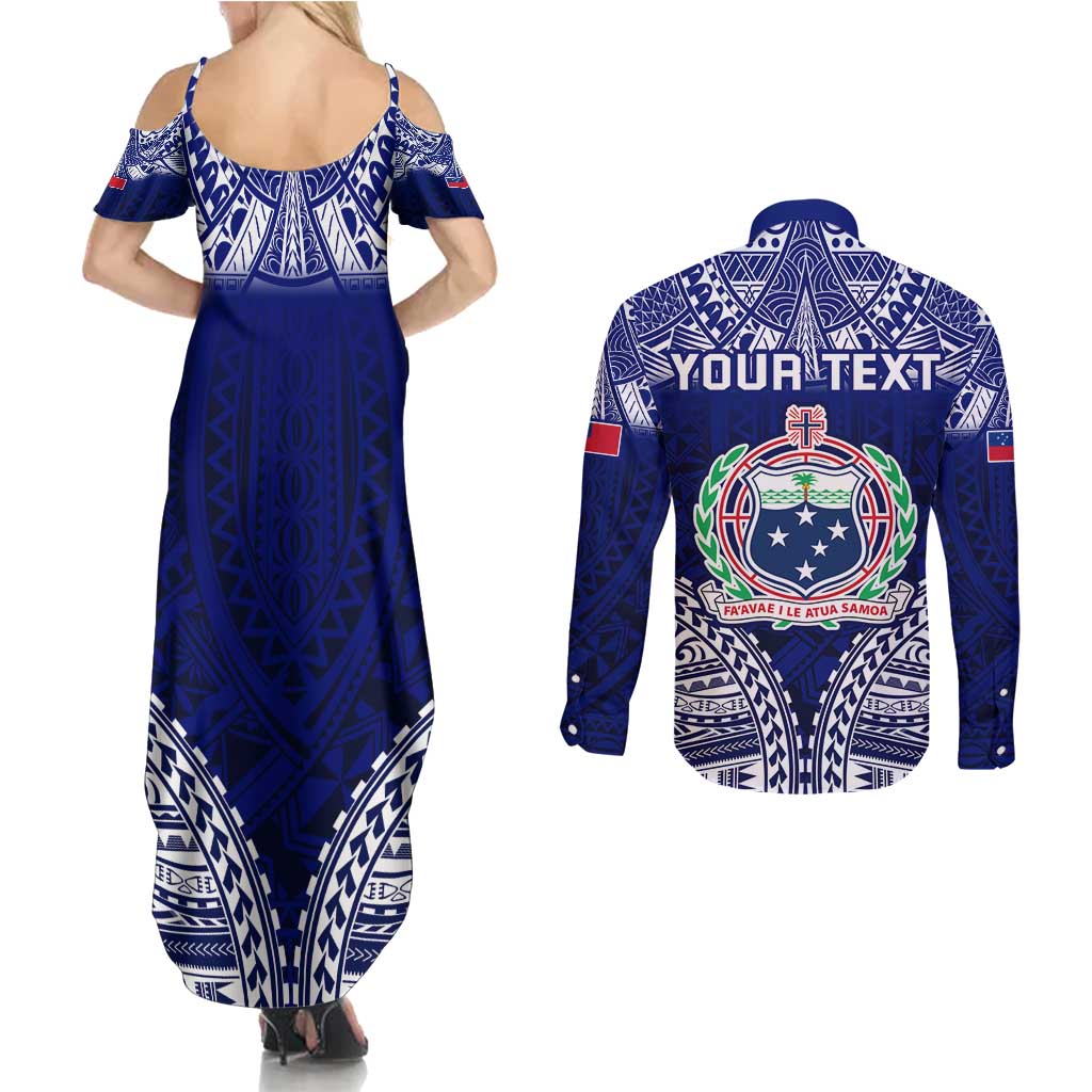 Personalised Samoa Coat Of Arms Couples Matching Summer Maxi Dress and Long Sleeve Button Shirt With Polynesian Pattern Version