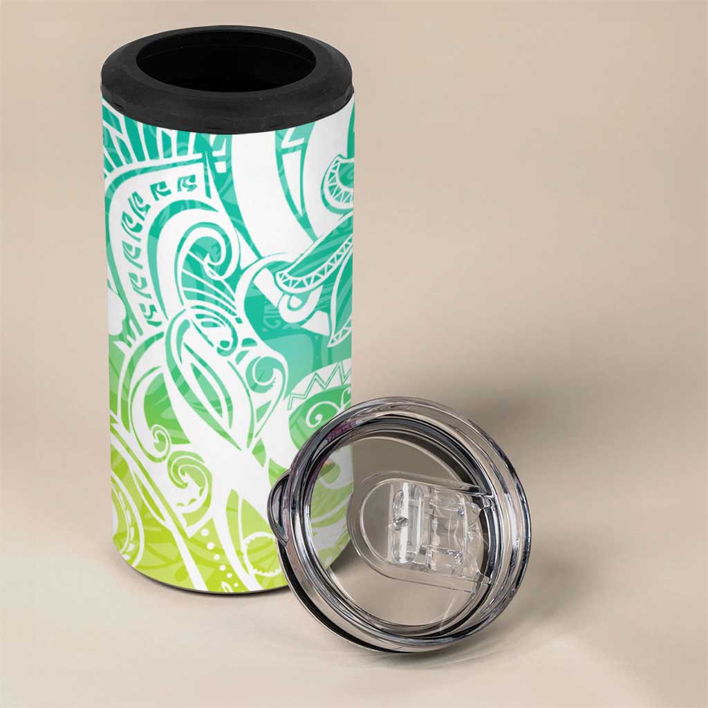 Polynesian Tribal Plumeria 4 in 1 Can Cooler Tumbler with Hawaii Kanaka Maoli Green Gradient Version