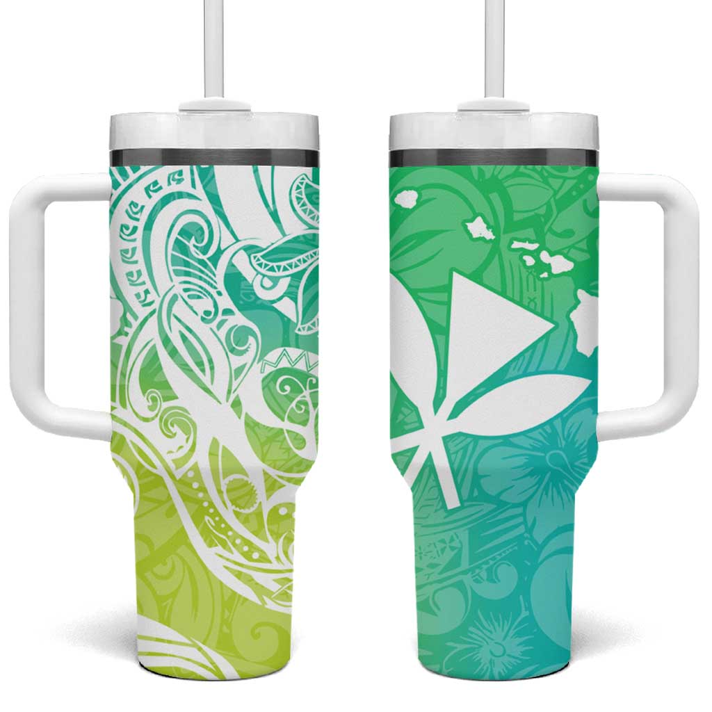 Polynesian Tribal Plumeria Tumbler With Handle with Hawaii Kanaka Maoli Green Gradient Version