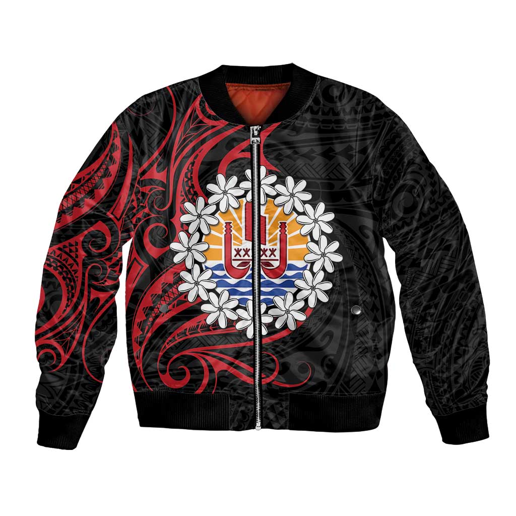 Tahitian Coat Of Arm and Tiare Flower Bomber Jacket Polynesian Tribal Tattoo