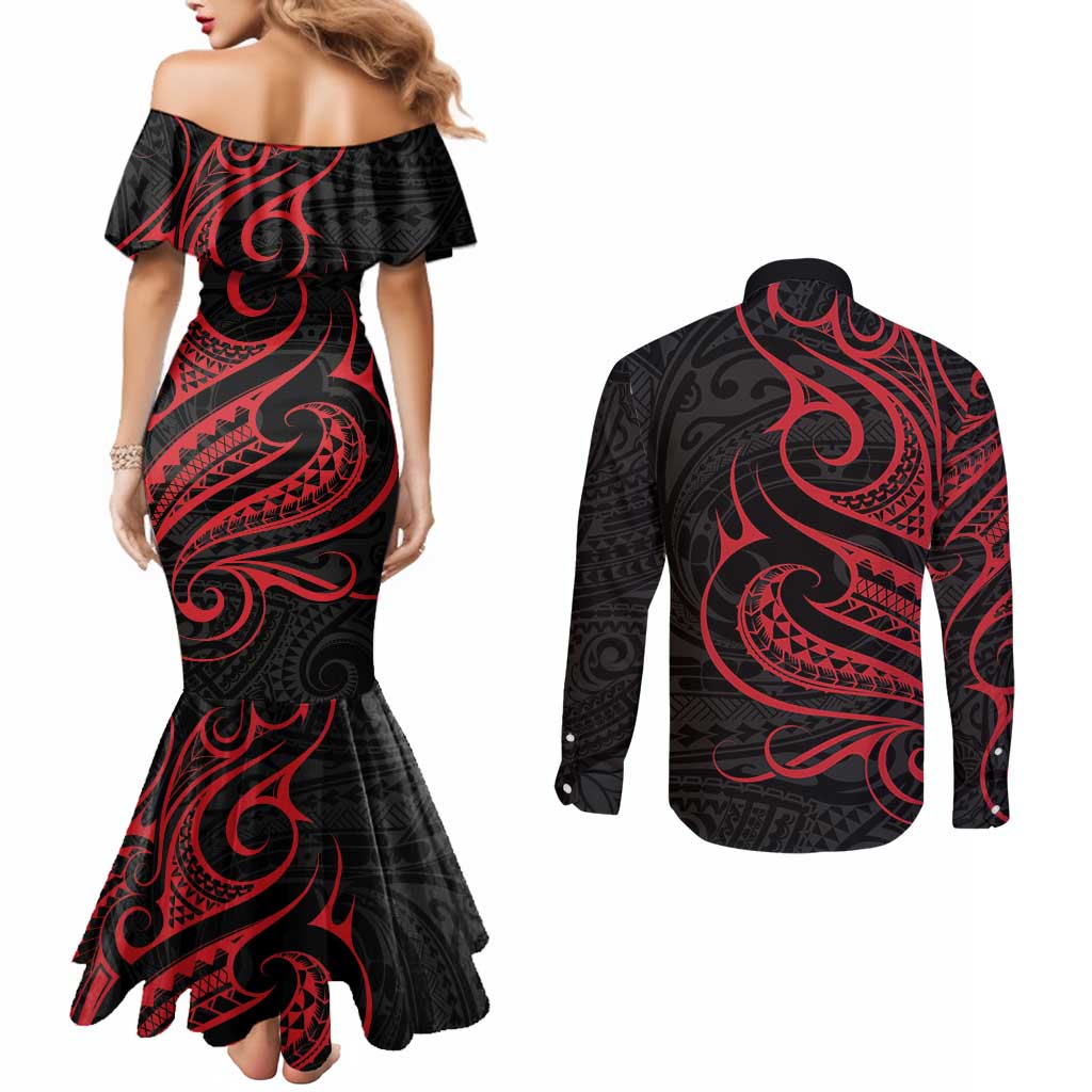 Tahitian Coat Of Arm and Tiare Flower Couples Matching Mermaid Dress and Long Sleeve Button Shirt Polynesian Tribal Tattoo