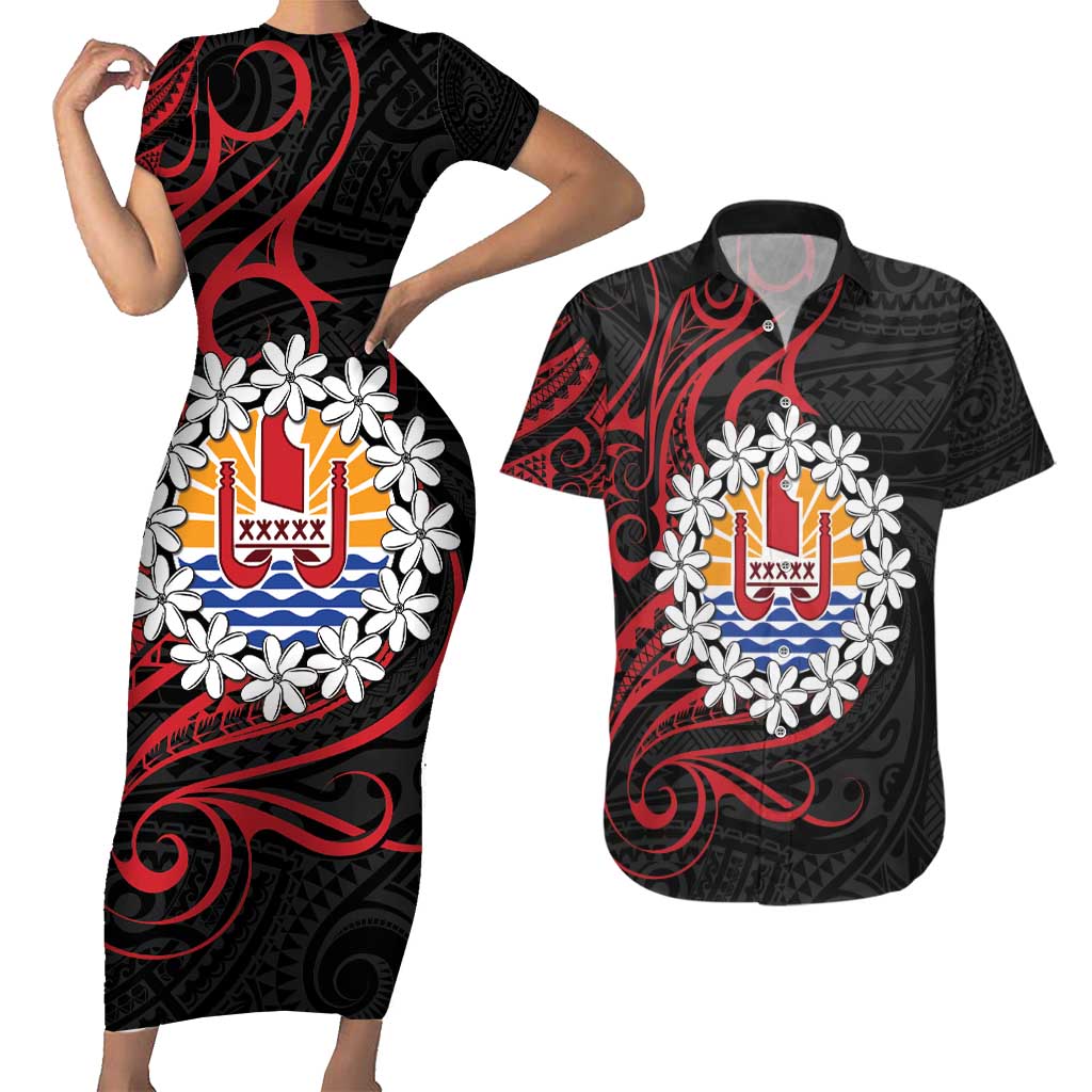 Tahitian Coat Of Arm and Tiare Flower Couples Matching Short Sleeve Bodycon Dress and Hawaiian Shirt Polynesian Tribal Tattoo