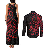 Tahitian Coat Of Arm and Tiare Flower Couples Matching Tank Maxi Dress and Long Sleeve Button Shirt Polynesian Tribal Tattoo