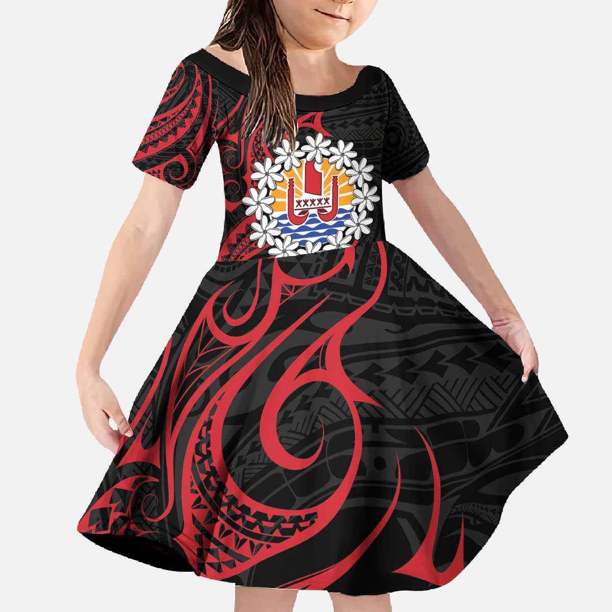 Tahitian Coat Of Arm and Tiare Flower Family Matching Off The Shoulder Long Sleeve Dress and Hawaiian Shirt Polynesian Tribal Tattoo