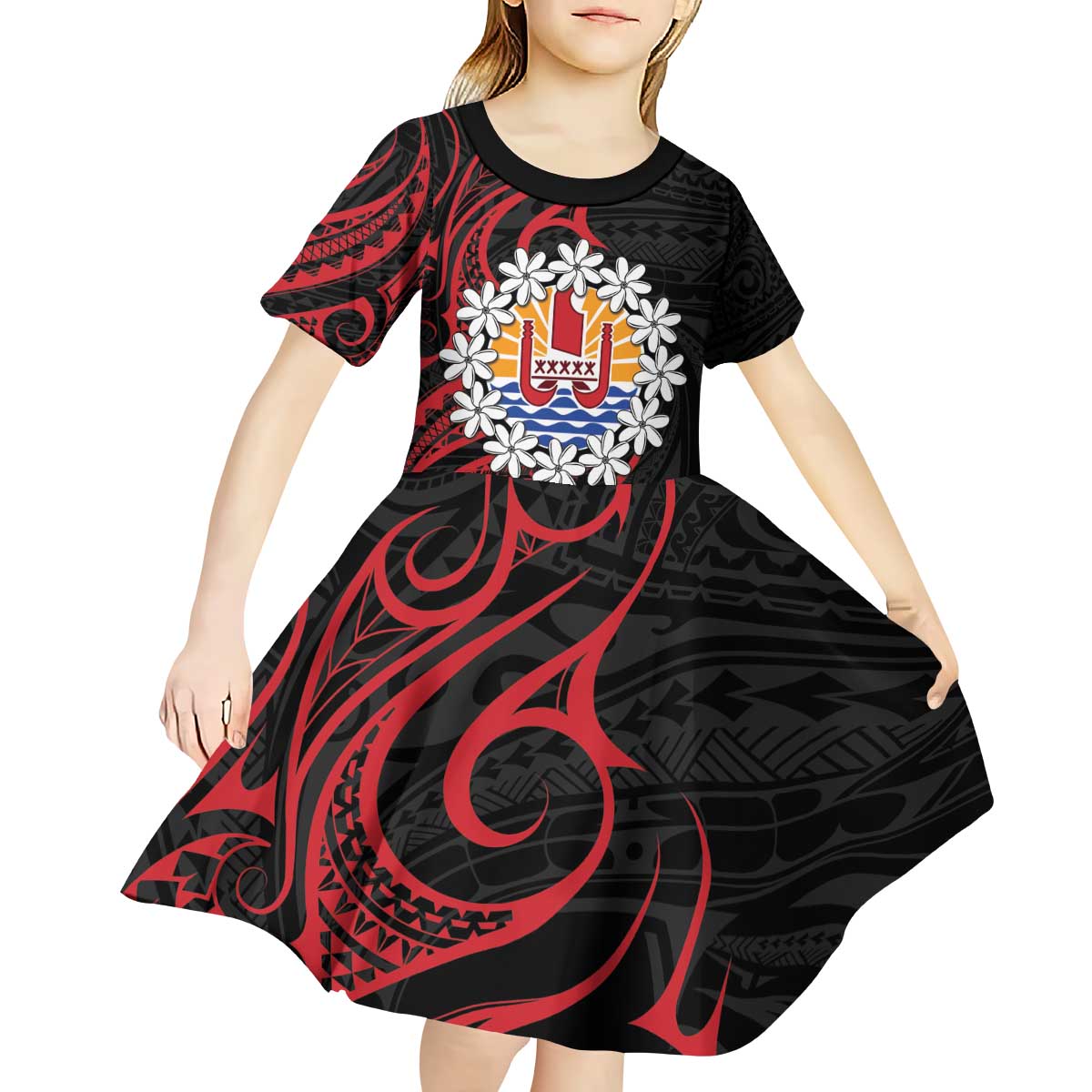 Tahitian Coat Of Arm and Tiare Flower Kid Short Sleeve Dress Polynesian Tribal Tattoo LT9 - Polynesian Pride