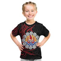 Tahitian Coat Of Arm and Tiare Flower Kid T Shirt Polynesian Tribal Tattoo LT9 Black - Polynesian Pride