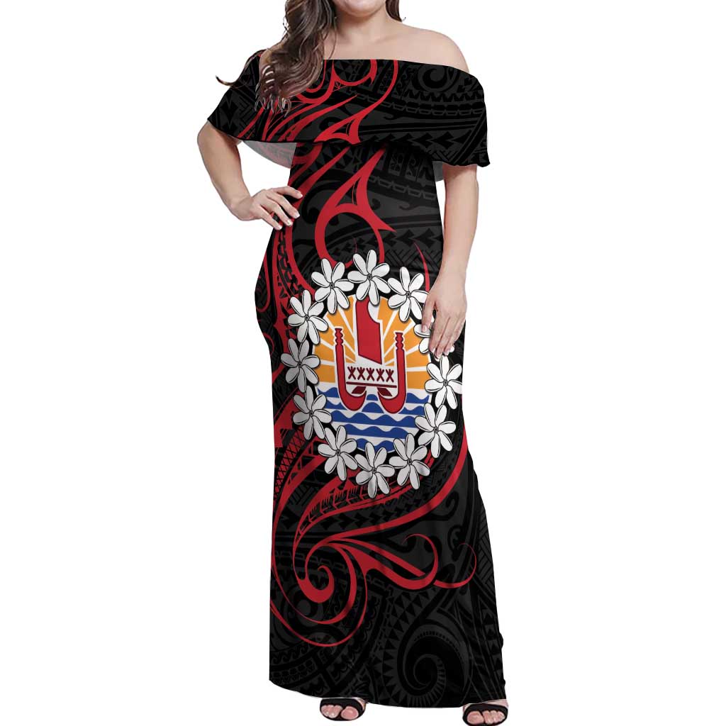 Tahitian Coat Of Arm and Tiare Flower Off Shoulder Maxi Dress Polynesian Tribal Tattoo LT9 Women Black - Polynesian Pride