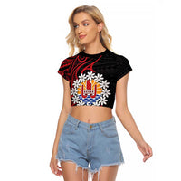 Tahitian Coat Of Arm and Tiare Flower Raglan Cropped T Shirt Polynesian Tribal Tattoo LT9 Female Black - Polynesian Pride
