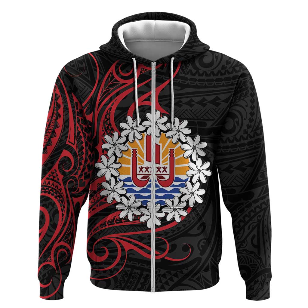 Tahitian Coat Of Arm and Tiare Flower Zip Hoodie Polynesian Tribal Tattoo LT9 Zip Hoodie Black - Polynesian Pride