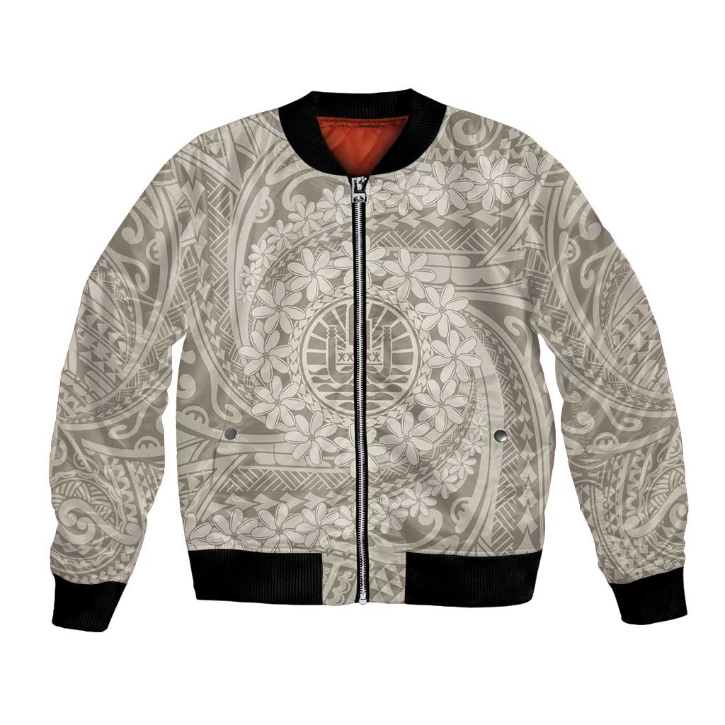 Tahitian Tiare Flower Bomber Jacket Beige Polynesian Pattern