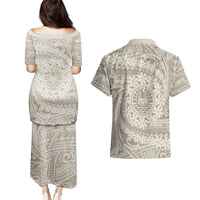 Tahitian Tiare Flower Couples Matching Puletasi and Hawaiian Shirt Beige Polynesian Pattern