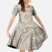 Tahitian Tiare Flower Family Matching Long Sleeve Bodycon Dress and Hawaiian Shirt Beige Polynesian Pattern LT9 Daughter's Dress Beige - Polynesian Pride